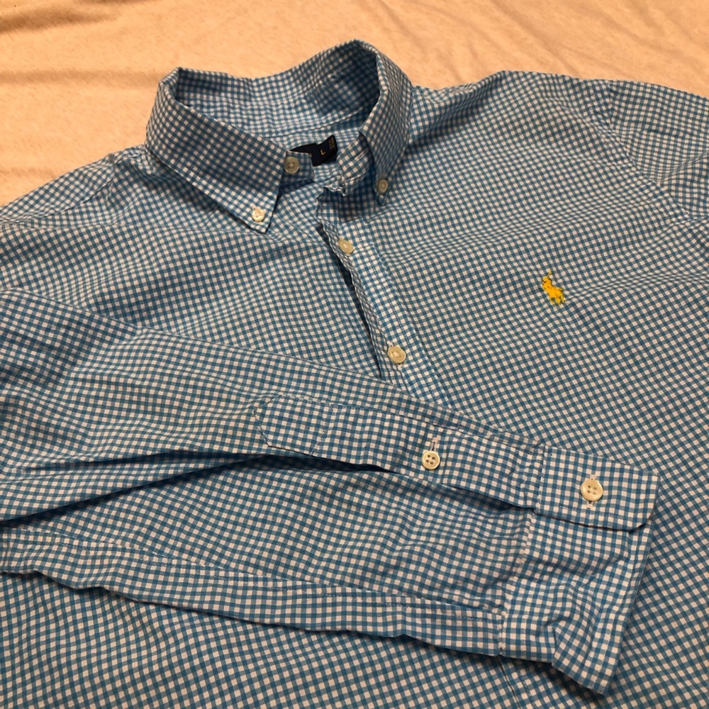 Ralph Lauren Blue and White Gingham Check Buttondown Shirt Yellow Pony Embroider